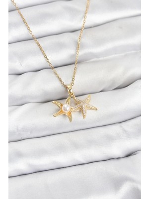 Inure Jewelry 316L Çelik Zincir Gold Renk Deniz Yıldızı Model Zirkon Taşlı Kadın Kolye