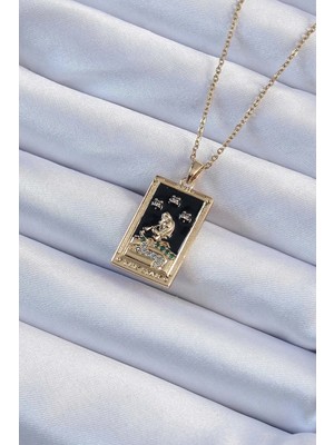 Inure Jewelry 316L Çelik Zincir Altın Renk Zirkon Taşlı Siyah Mineli Kız Figürlü Tarot Kolye