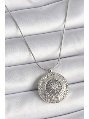 Inure Jewelry 316L Çelik Gümüş Renk Zirkon Taşlı 12 Burç Madalyon Model Kadın Kolye