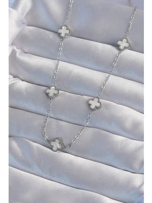 Inure Jewelry 316L Çelik Gümüş Renk Minimal Beyaz Sedefli Yonca Kolye