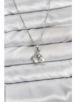 Inure Jewelry 316L Çelik Zincir Gümüş Renk Deniz Kabuğu ve Deniz Yıldızı Model Zirkon Taşlı Kadın Kolye