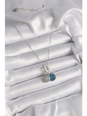 Inure Jewelry 316L Çelik Gümüş Renk Zincir Zirkon Taşlı İşleme Mavi Simli Kadın Kolye
