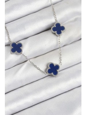 Inure Jewelry 316L Çelik Zincir Gümüş Lacivert Renk Yonca Kadın Kolye