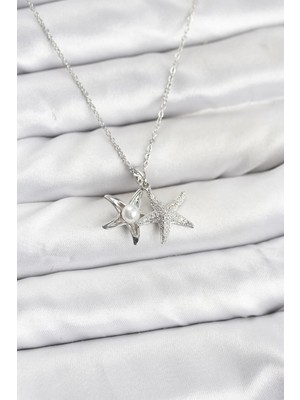 Inure Jewelry 316L Çelik Zincir Gümüş Renk Deniz Yıldızı Model Zirkon Taşlı Kadın Kolye