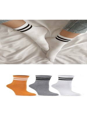 Ozzy Socks 3 Çift Çizgili Kolej Çorabı Sarı Gri Beyaz Pamuklu Tenis Çorap Seti