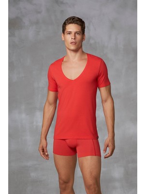 Doreanse Erkek Modal Derin V Yaka Kısa Kol T Shirt 2820 Kırmızı