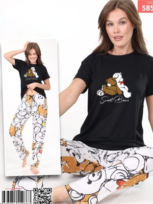 Moda Morfo Ayıcık Desenli Kısa Kollu Pijama Takım -Siyah