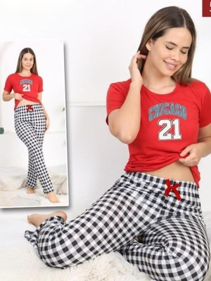 Moda Morfo Altı Ekoseli Kısa Kollu Pijama Takımı -Kırmızı