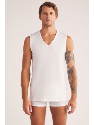 Kom Barny V Yakalı Pamuk 2 Li Erkek Atlet Beyaz