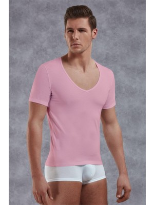 Doreanse Erkek Modal Derin V Yaka Kısa Kol T Shirt 2820 Pembe