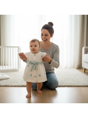 Ürünya Kız Bebek Çocuk Tavşan Desenli Düğmeli Kısa Kollu Elbise