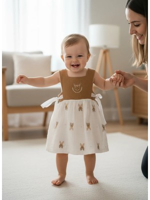 Ürünya Kız Bebek Çocuk Sıfır Kollu Askılı Nakışlı Yazlık Elbise