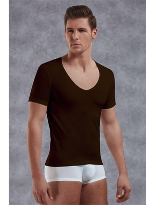 Doreanse Erkek Modal Derin V Yaka Kısa Kol T Shirt 2820 Kahve