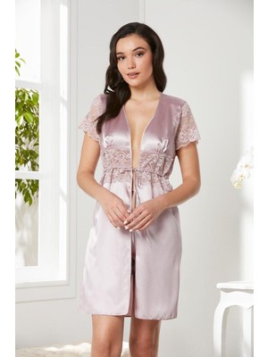 Pierre Cardin Saten Dantelli Midi Sabahlık 1020 Rose