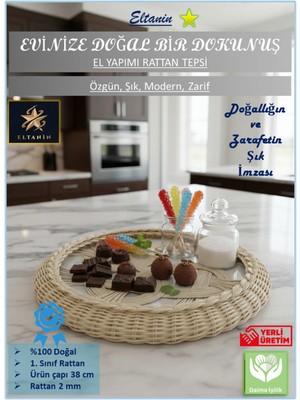 Eltanin %100 Doğal El Yapımı Çok Amaçlı Dekoratif Şık Rattan Tepsi (38 Cm, 1. Sınıf, Dekoratif)