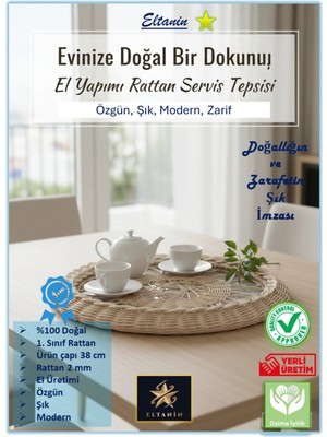 Eltanin %100 Doğal El Yapımı Çok Amaçlı Dekoratif Şık Rattan Tepsi (38 Cm, 1. Sınıf, Dekoratif)