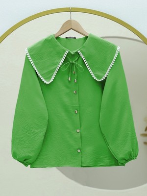 Moda Morfo Bebe Yaka Dantelli Kolu Lastikli Gömlek  -Yeşil