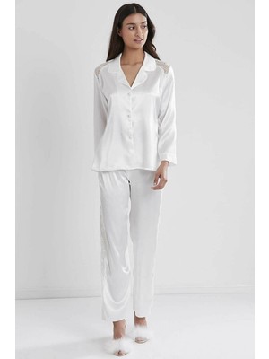 Pierre Cardin Kadın Sırtı Dantel Saten Pijama Takımı 1438 Ekru
