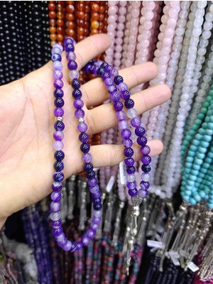 Mga Doğaltaş Mor Akik Taşı 99’lu Tesbih 8mm | Doğal Taş Namaz & Zikir Tesbihi | Esnek Misinalı Kolay Çekim | Sertifikalı | Mdf Ahşap Kutulu