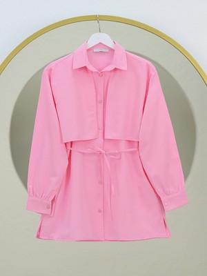 Moda Morfo Bolero Detaylı Beli Bağlamalı Yırtmaçlı Gömlek  -Pembe