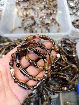 Mga Doğaltaş Akik & Hematit Doğal Taş Bileklik 10MM | Silindir ve Yuvarlak Akik Tasarım | Esnek Misinalı | Sertifikalı Gerçek Taş | Kutulu Unisex Bileklik