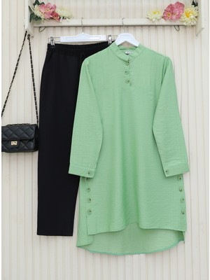 Modamorfo Yanları Düğme Detaylı Hakim Yaka Tunik       -A.yeşil