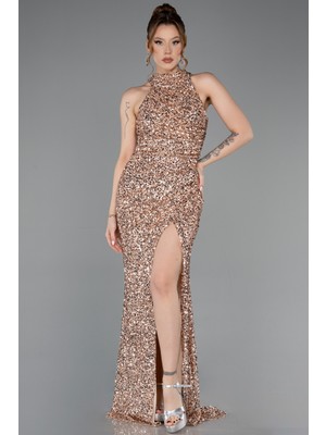 Abiyefon Halter Yaka Bacak Dekolteli Uzun Pullu Abiye ABU5135