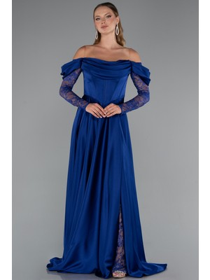 Abiyefon Dantel Uzun Kol Kayık Yaka Saten Büyük Beden Abiye ABU5261