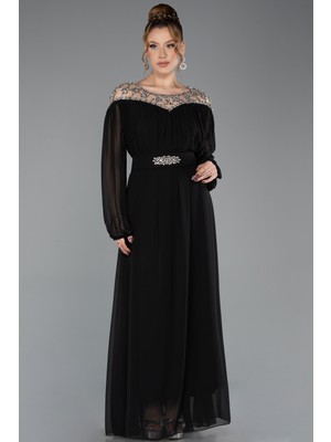 Abiyefon Taşlı Yaka Şifon Uzun Kol Büyük Beden Abiye ABU5555