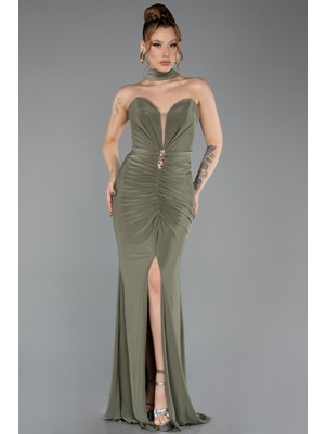 Abiyefon Straplez Bacak Dekolteli Şallı Uzun Abiye ABU5561