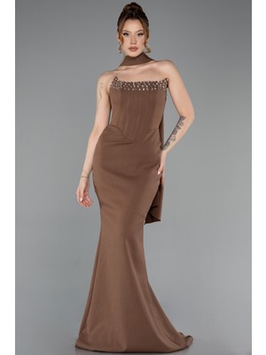 Abiyefon Taşlı Straplez Yaka Uzun Balık Abiye Elbise ABU5566