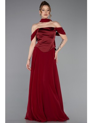 Abiyefon Saten Kayık Yaka Uzun Şifon Büyük Beden Abiye ABU5551