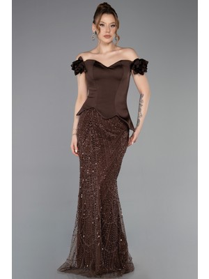 Abiyefon Kayık Yaka Çiçek Aplikeli Uzun Boncuklu Abiye ABU5616