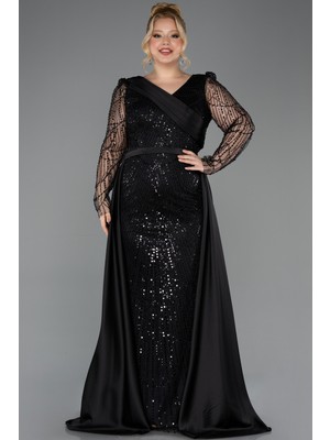 Abiyefon Taşlı Uzun Kol Saten Kuyruklu Büyük Beden Abiye ABU5570