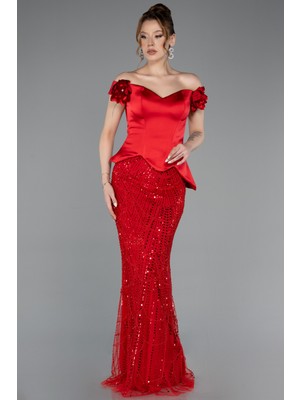 Abiyefon Kayık Yaka Çiçek Aplikeli Uzun Boncuklu Abiye ABU5616