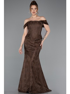 Abiyefon Kayık Yaka Peplum Kesim Uzun Dantel Abiye Elbise ABU5609