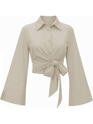 Modamorfo Yan Bağlamalı Ispanyol Kol Düğmeli Gömlek   -Açık Vizon