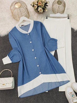 Modamorfo Yakası ve Etek Ucu Ribanalı Düğmeli Kot Tunik -Mavi