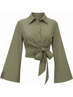 Modamorfo Yan Bağlamalı Ispanyol Kol Düğmeli Gömlek   -Haki