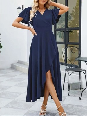 Marsilyan- Kadın Kısa Kollu Kruvaze Yakalı Ön Asimetrik Volanlı Uzun Ithal Krep Elbise