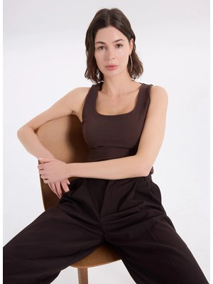 Fabrika Kare Yaka Düz Kahve Kadın Atlet F6SL-TST0373