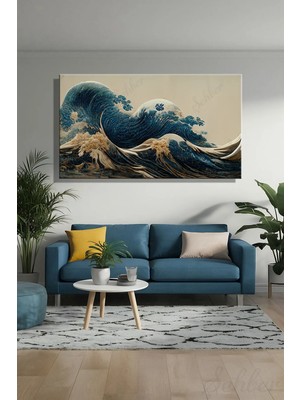 Şehber Panoramik Yatay Kanvas Tablo  Tekli Salon Yatak Odası Ofis Katsushika Hokusai Büyük Dalga