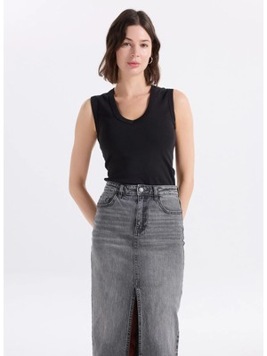 Fabrika V Yaka Düz Siyah Kadın Atlet F6SL-TST0374