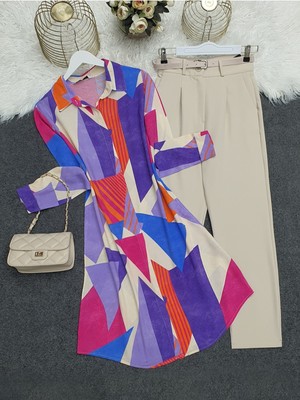 Modamorfo Karışık Desenli Uzun Viskon Tunik  -Mor