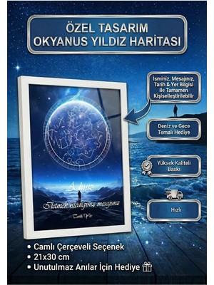 Pura Morena Kişiye Özel Yıldız Haritası Cam Tablo Galaksi Mavi Parlak Duygusal Hediye Gökyüzü Haritası