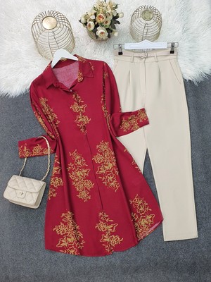 Modamorfo Boydan Düğmeli Desenli Viskon Tunik -Bordo