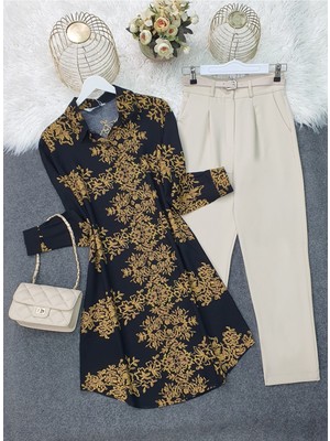 Modamorfo Boydan Düğmeli Desenli Viskon Tunik -Siyah