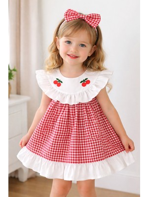 Bilge Trend Kiraz Nakışlı Saç Bantlı Fırfırlı Ekose , Pötikare Desen Kız Bebek Çocuk Yazlık Elbise