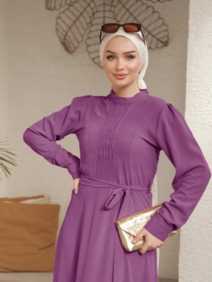 Modamorfo Çıma Detaylı Kemerli Ayrobin Elbise   -Vişne