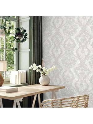 Adawall Ancient Petal Design Wallpaper Zengin Damask Desen | Rococo 1303-1/15 Gri, Krem 1.06X15.6M - 16.5m²